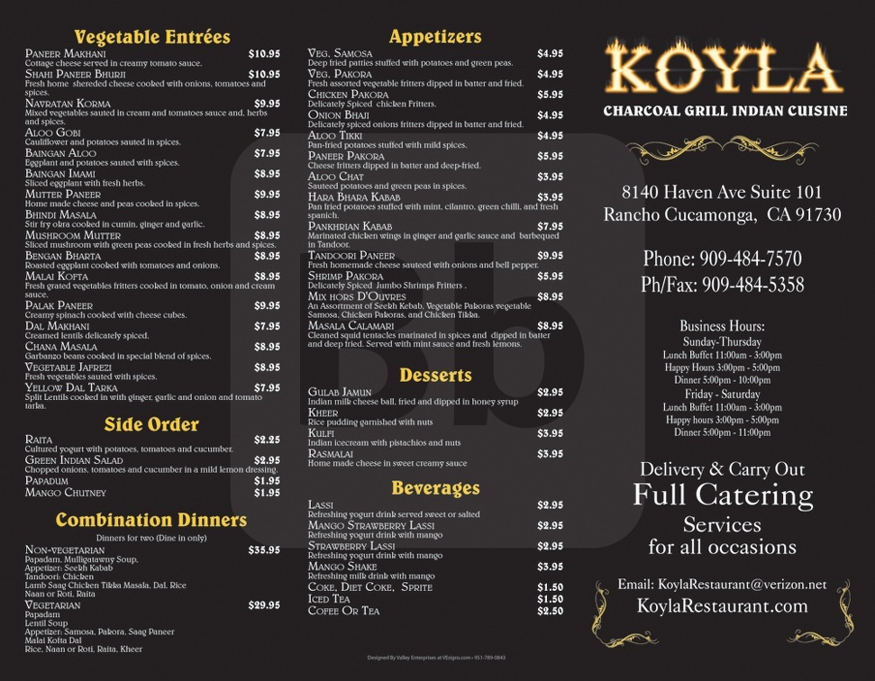 Koyola Indian food to go menu outside